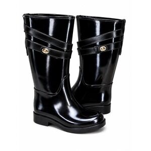 Coach Trisha II Black Rubber Rain Boots Turnlock Straps Q7722